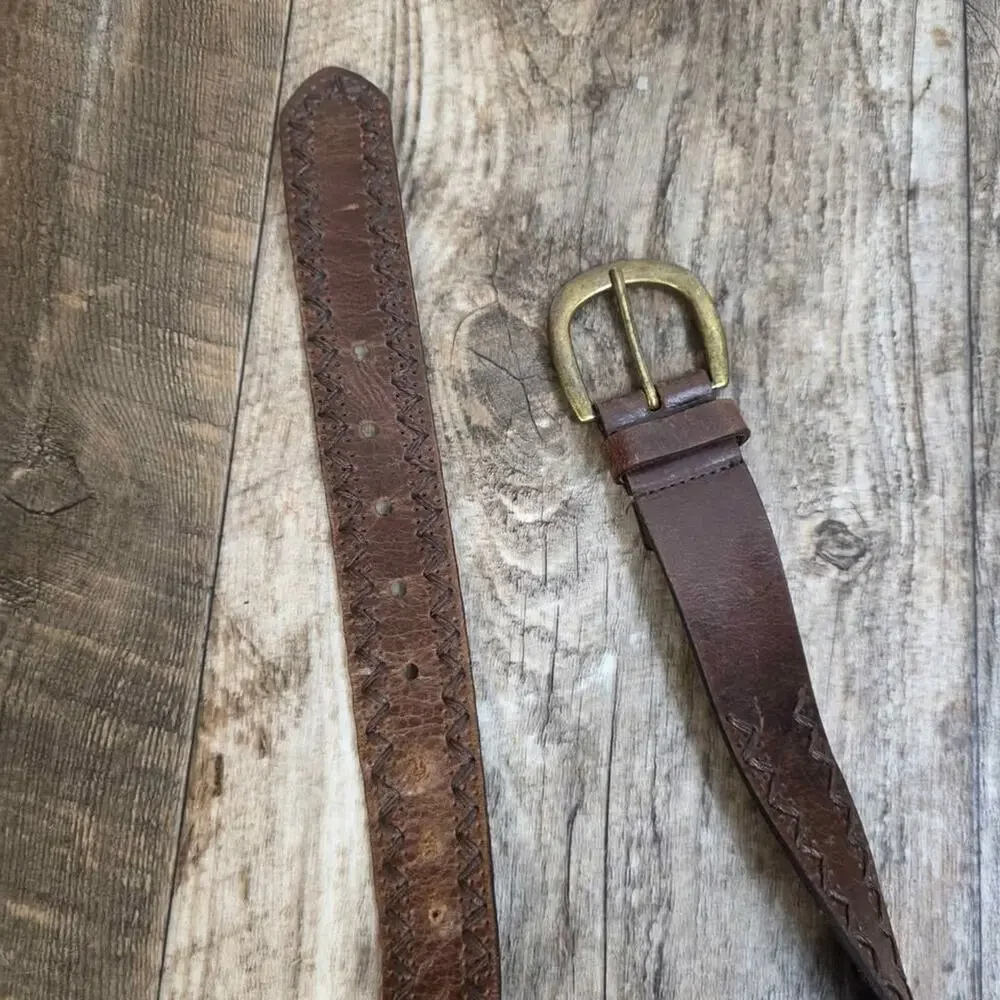 Vintage Brown Leather Zig Zag Stitched Belt Boho Western Distressed